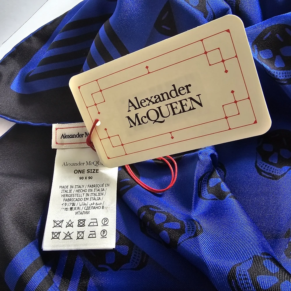 Alexander McQueen Biker Crashed Skull Silk Scarf Bright Blue Black - Picture 4 of 7